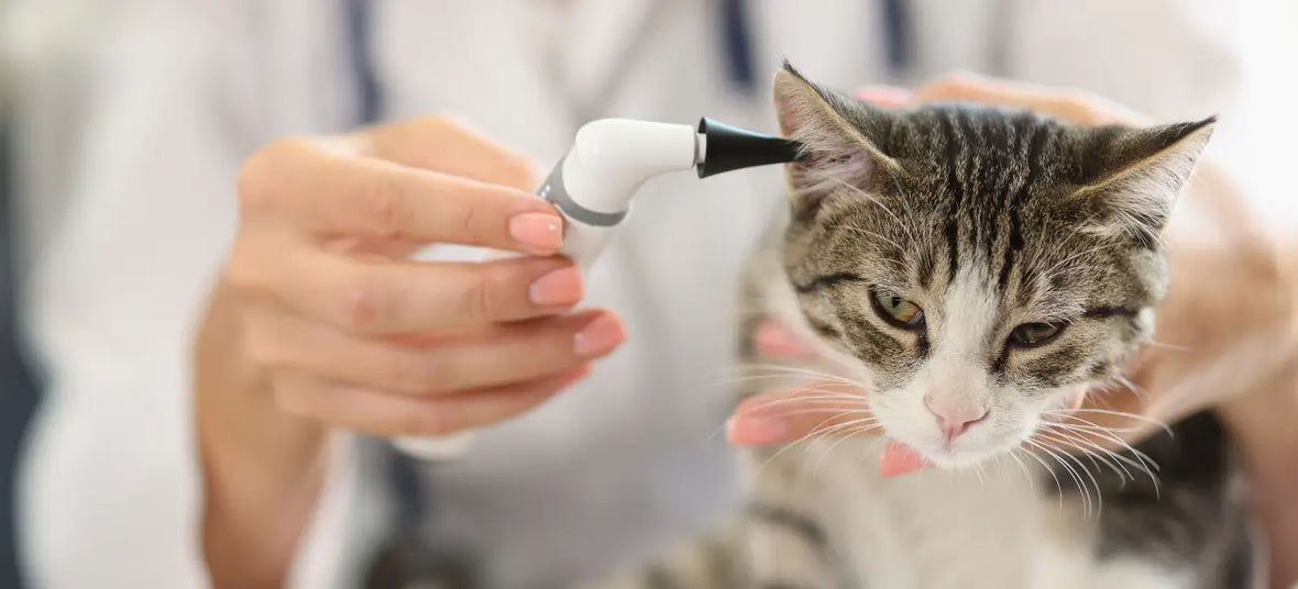 Examination of cat ear in veterinary clinic using an otoscope. 