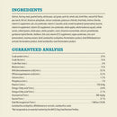 Ingredients and guaranteed analysis chart for a pet food product.