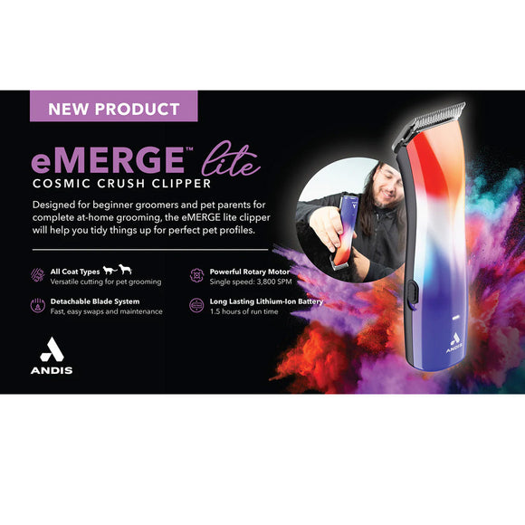 Advertisement for eMerge Cosmic Crush Clipper with product details and Andis branding.