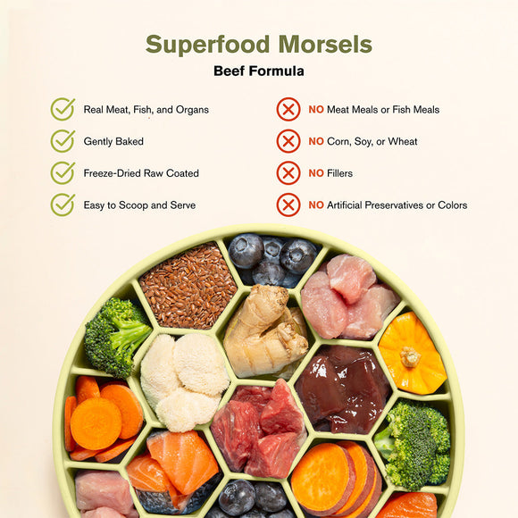 Food Features of Badlands Ranch Superfood Complete Raw Coated Morsels Beef Dog
