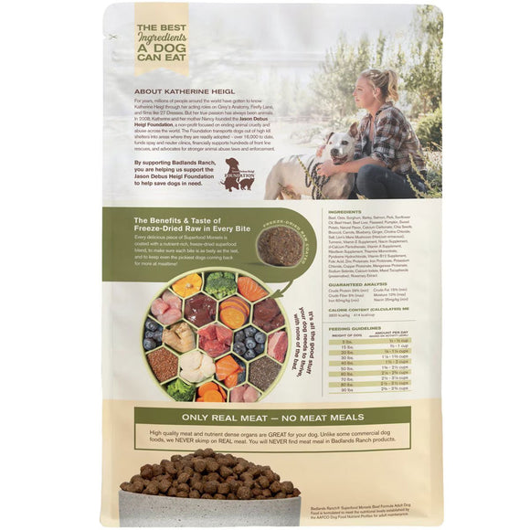 Back label of Badlands Ranch Superfood Complete Raw Coated Morsels Beef Dog