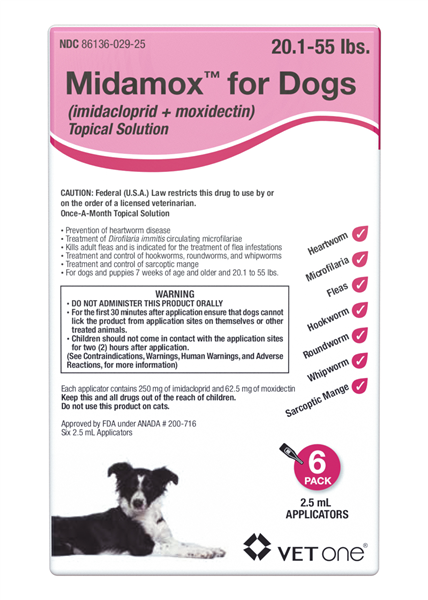Midamox Topical Solution for Dogs 20.1-55 lbs Red Box - 6 Doses (6-mos. supply) - Pet Medicine 11
