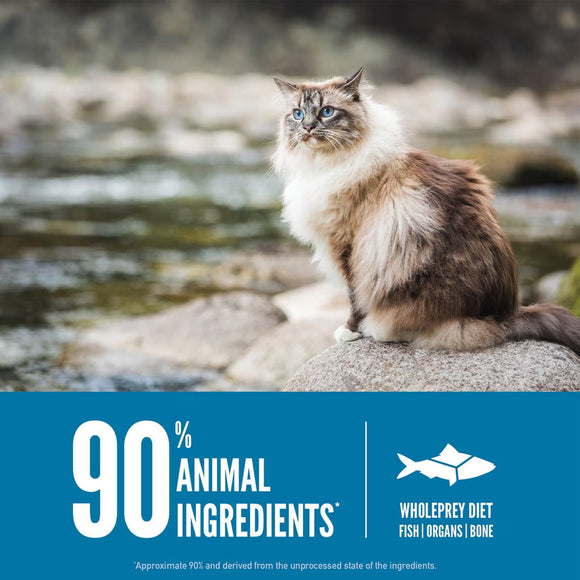 Cat sitting on a rock with a blurred natural background and text about animal ingredients.