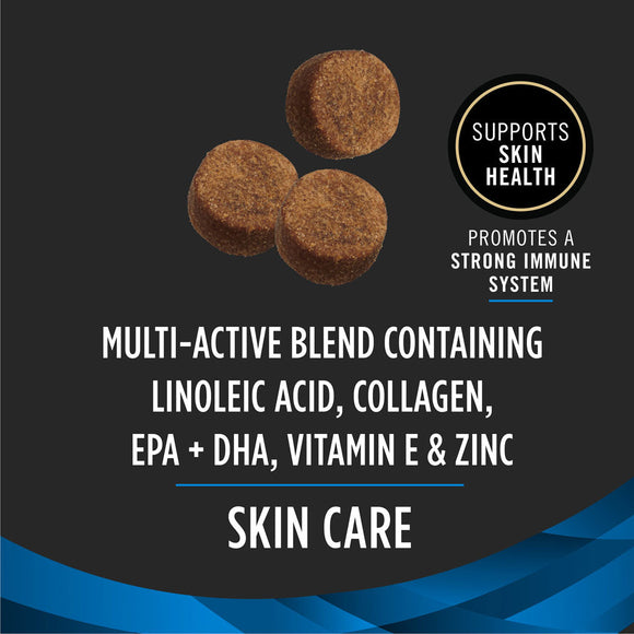 Multi-active blend of Purina Pro Plan Veterinary Diets Skin Care Soft Chew Supplement for Dogs containing Linoleic Acod, Collagen, EPA+DHA, Vitamin E & Zinc.