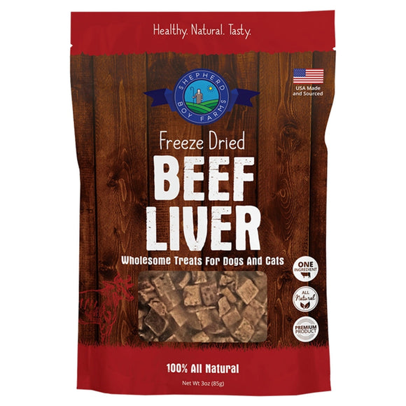 Package of freeze-dried beef liver treats for dogs and cats with a wooden texture and red accents.