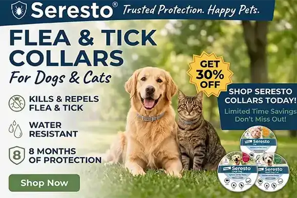 Silver seresto flea and tick collar for dogs and cats, water-resistant with 8 months of protection.