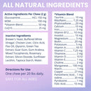 Nutritional label with active and inactive ingredients on a purple background