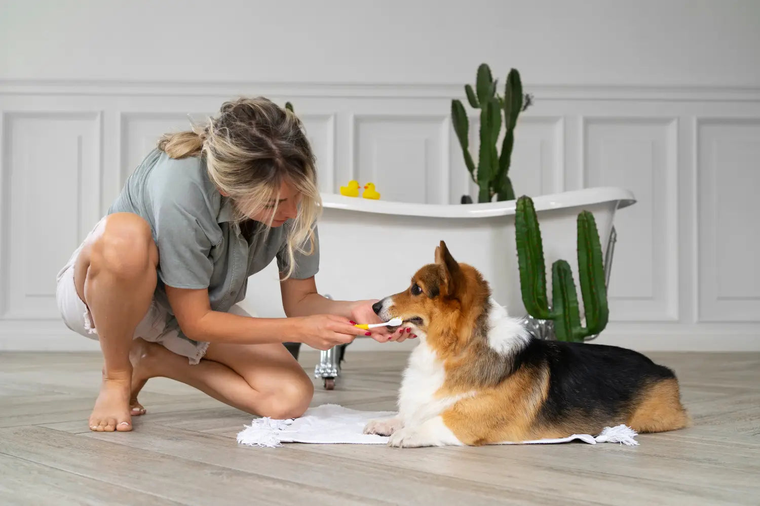 dog getting its teeth brushed by its owner