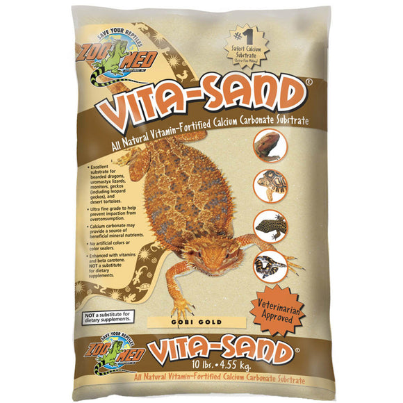 Bag of Vita-Sand reptile substrate with a lizard illustration on a white background